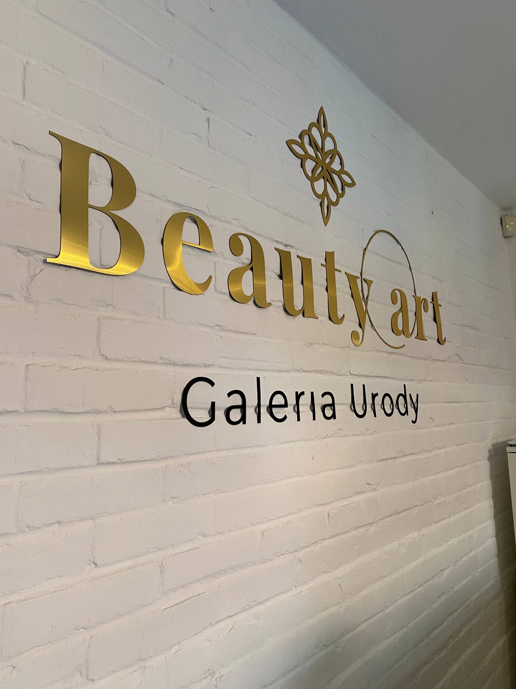 Logo przestrzenne na ścianie z cegły - Beauty Art Galeria Urody